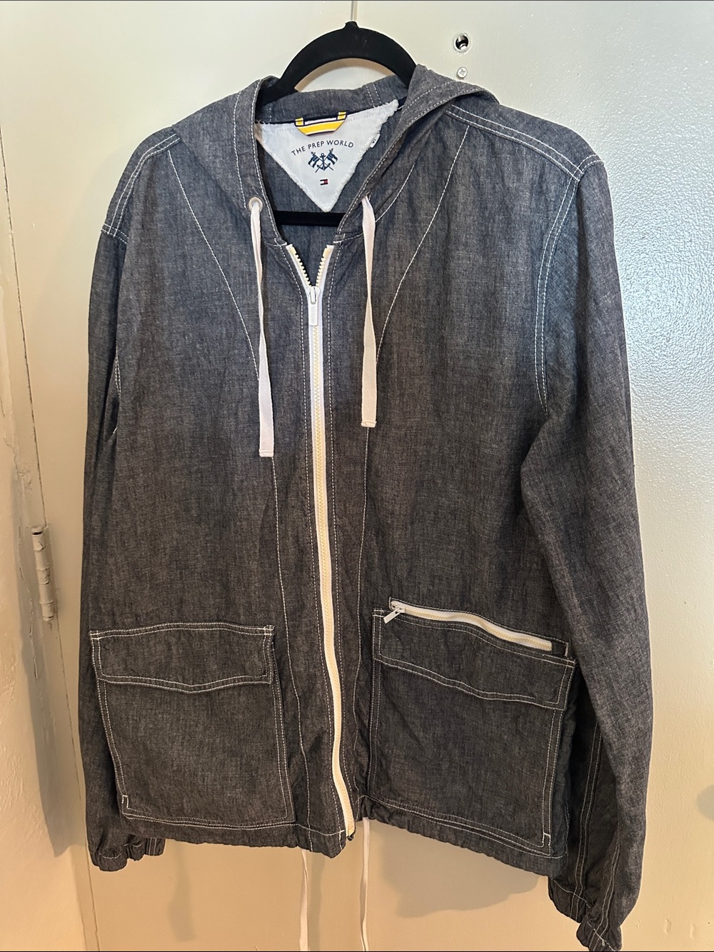 TH The Prep World Men's Gray Denim Full Zip Hooded Hoodie w/ Pockets XL